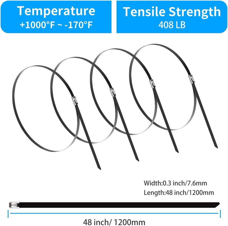 XINGO 48 inch Metal Long Zip Ties Heavy Duty 25 Pack, 304 Stainless Steel Zip Ties, 408 lbs Tensile Strength, Multi-Purpose Self-Locking Cable Ties for Exhaust Wrap, Outdoor and Canopy Etc - Image 2